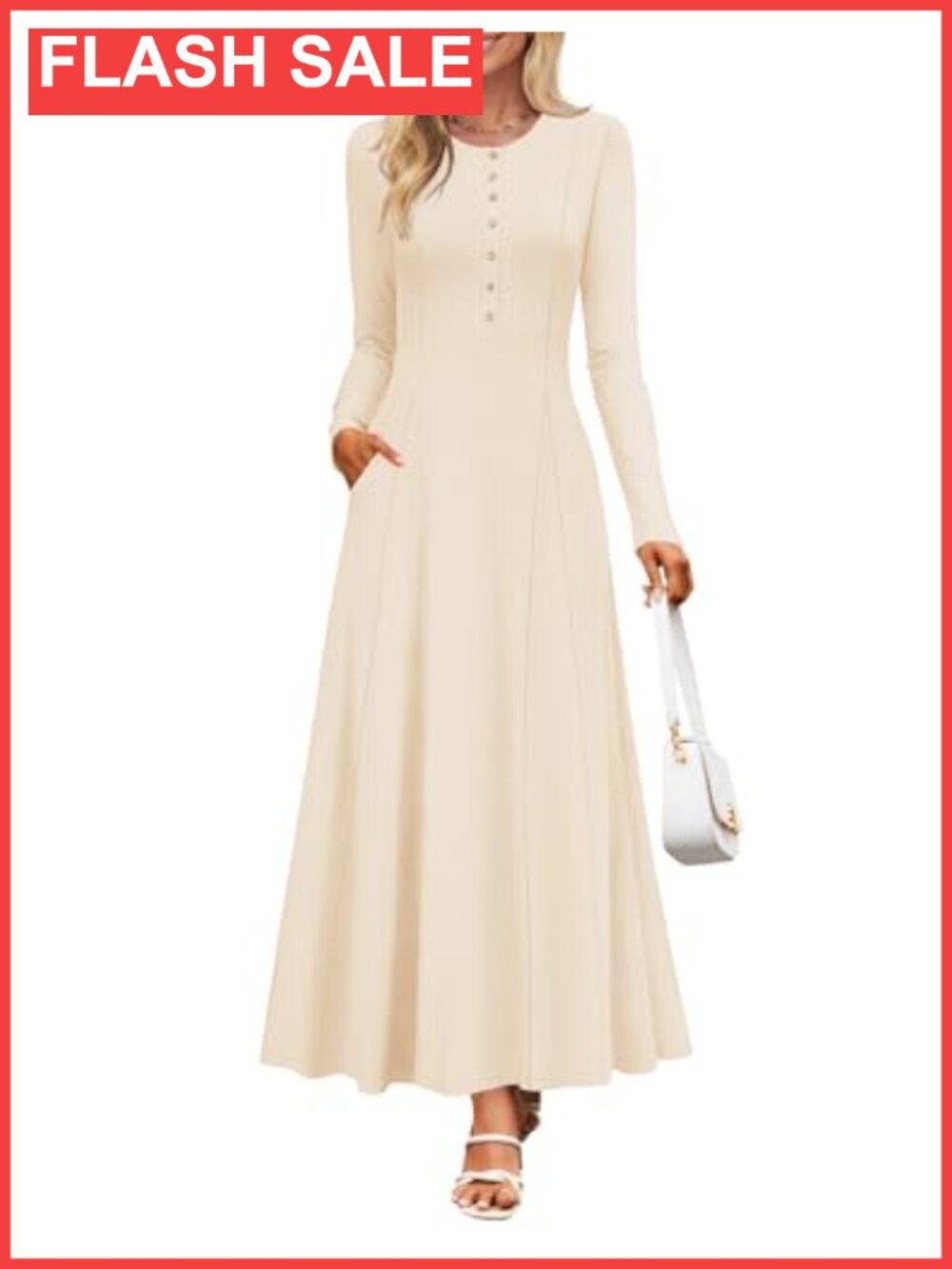 Women's Maxi Dress Long Sleeve V Neck Button A Line Flowy Boho